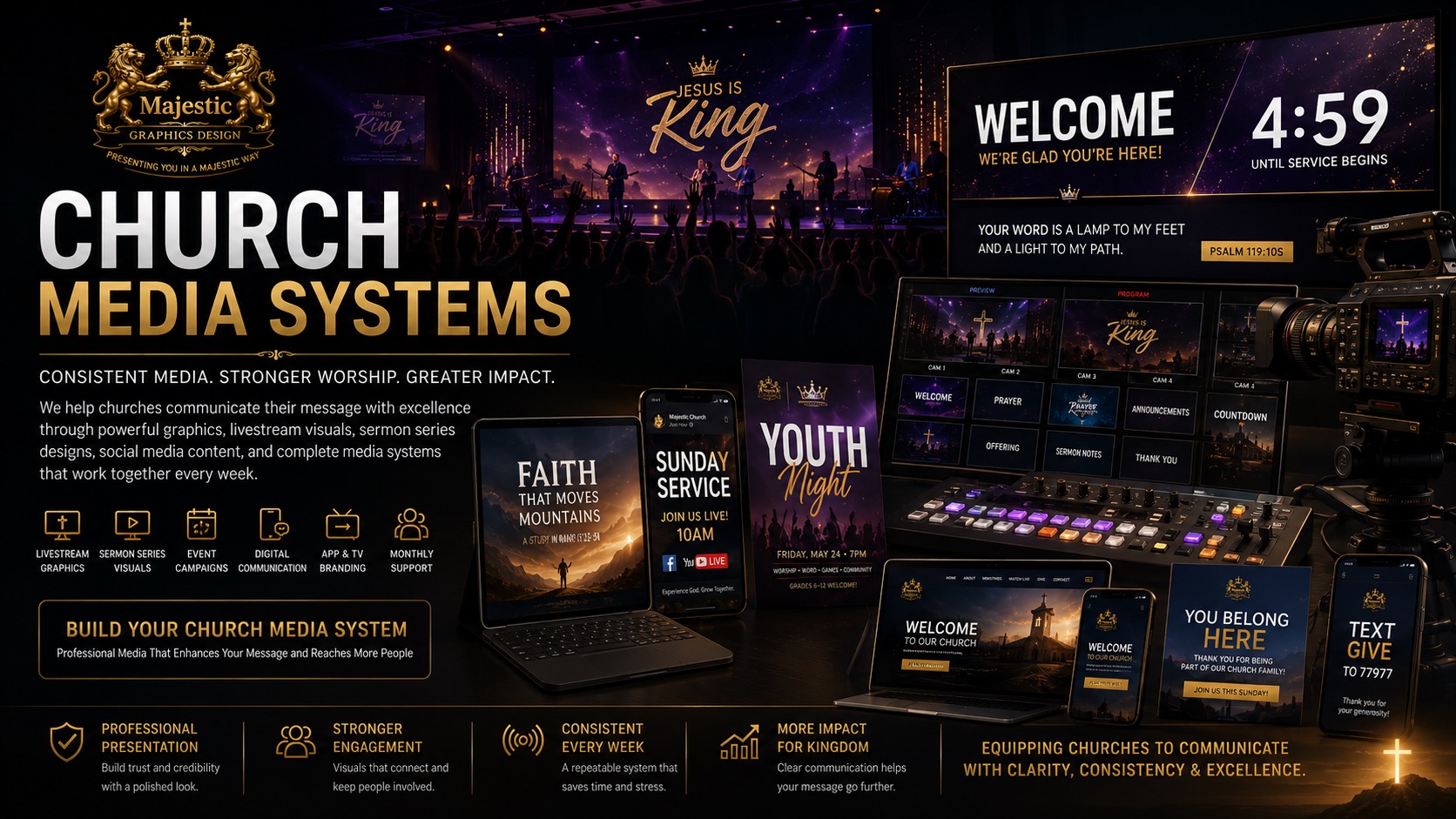 Church media systems for livestream graphics, sermon visuals, social media, app branding, and digital communication.